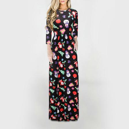 Kvinnor Långärmad Crew Neck Xmas Long Dress Swing Maxiklänningar