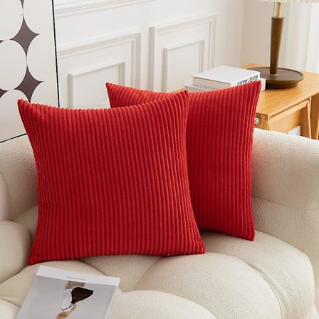 Set med 2 randiga korduroy fyrkantiga kuddfodral mjuka kuddfodral för soffa (16 tum, röd)