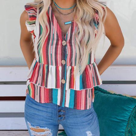 Stripe Printing Ärmlös V-shirt Öppen front volanger Sommar Lösa Casual Toppar xl red