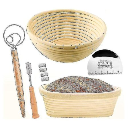 Brødhævningskurv Sæt Af 2 Med Kit - Rund Og Oval Brødbage Skål - Brødkniv - Dej Skraber