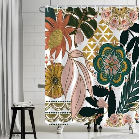 Bohemisk Duschdraperi, Boho Stil Duschdraperi Blommor Ros Grön