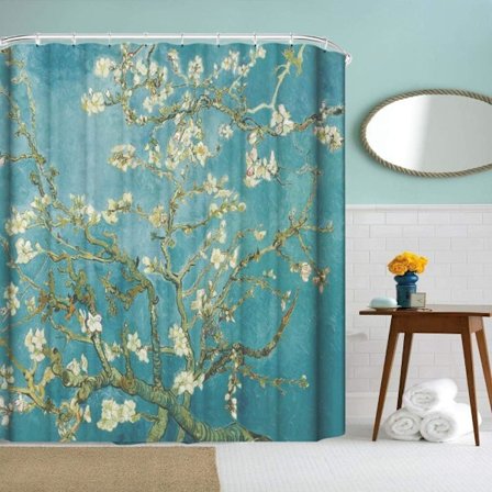 Van Gogh Duschdraperi med Krokar, Mandelblomsmönster, Badrumsinredning, Långt Tyg, Grön, 180 x 180 cm