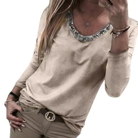 Lapa Dam V-ringad Paljett T-shirt Dam Långärmad Casual Loos