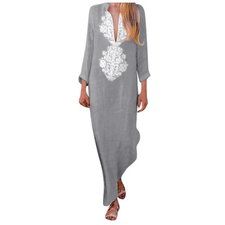 Kvinners trykte langærmet V-hals kjole Split Hem Baggy Kaftan Lang Kjole