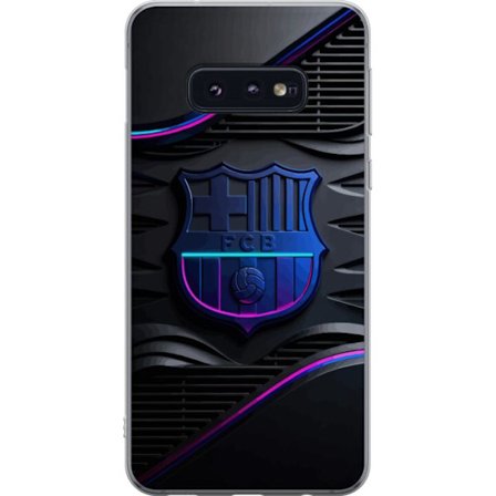 Yhteensopiva Puhelinkuori Samsung Galaxy S10e FC Barcelonan seuraemblemii neon sinistä ja vaaleanpunaista futuristisella metallisella suunnittelulla
