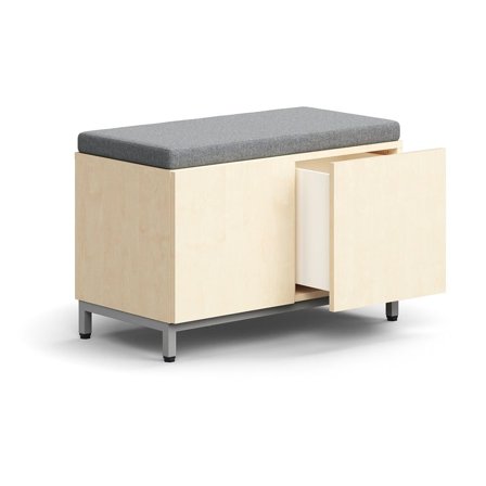 Oppbevaringsbenk QBUS, med grå pute, 2 skuffer, benstativ, push-open, H534 B800 D420 mm, sølv, bjørk
