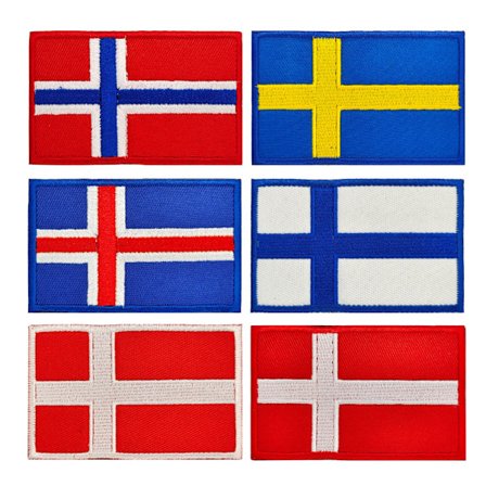 6 stk. flag patches Danmark Danmark rød kant Norge Finland Sverige
