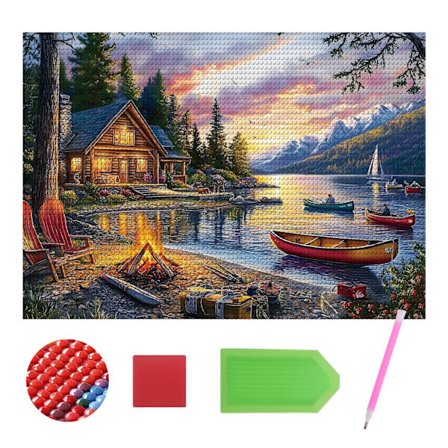 Naturskön Stuga Diamantmålningskit 5D Rund Full Borr Diamantprickar Ädelstenskonsthantverk med Verktyg Diamantprickar Kristallkit för Vardagsrum