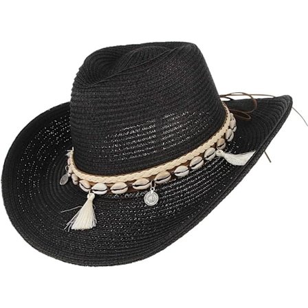 Ladies Summer Straw Cowboy Cowgirl Hat Sun Hats Wide Brim Beach Holiday Straw Hat with Shell Strap