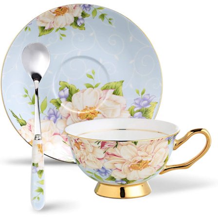 Koppar & Fat Set med Skedar, Champagne Ros på Blåmönstrad Benporslin 3-Delars Set Keramisk Te Kaffekopp