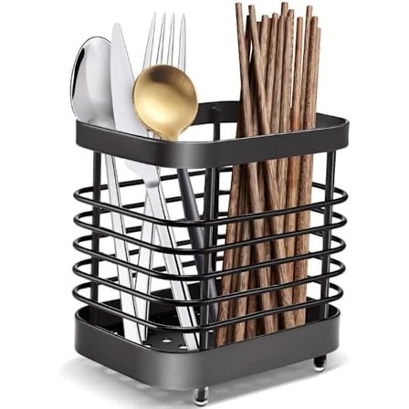 Bestikkurv i rustfrit stål, bestikholder i rustfrit stål, køkkenredskabsholder til opbevaring af knive, gafler og spisepinde i køkkenet, sort