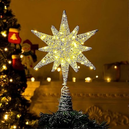 60 LED-lamper Metalstjerne Topper til Juletræ Batteridrevet Moravisk Stjerne 3D Stjerne Juletræspynt