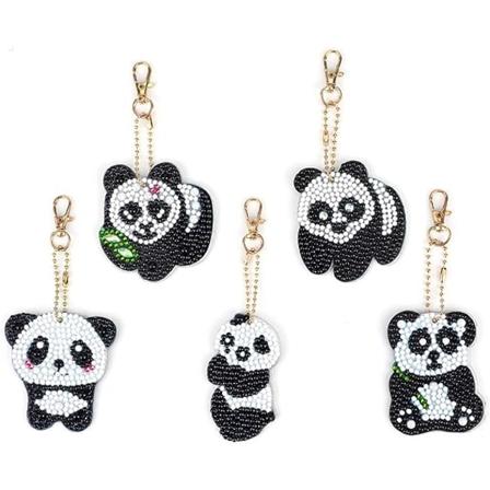 5 stk. DIY 5D Panda Diamond Painting nøgleringe, Rhinestone