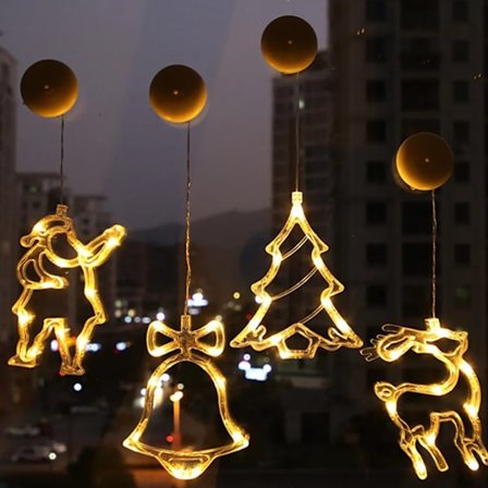 Julevindueslys, 4 stk. LED-gardinlys, juledekoration vindue med sugekopper