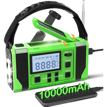 Nødradio 10000mAh Solradio/AM/FM/SW med Sveiv, SOS-alarm og LED-lommelykt, Powerbank for utendørs bruk