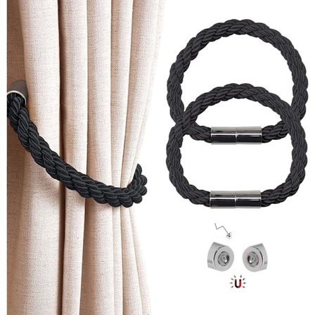 Magnetiske gardinholdere, 2 stk. Moderne enkelhedsgardin reb holdere med stærk magnet, til tynde eller tykke gardiner til hjemmet og kontoret (sort)