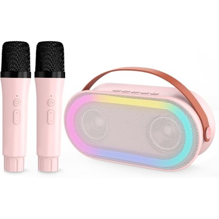 Mini Karaoke-maskine til børn med 2 trådløse mikrofoner, bærbar Bluetooth-højttaler til voksne med stereobas, med LED-lys, familiefest og
