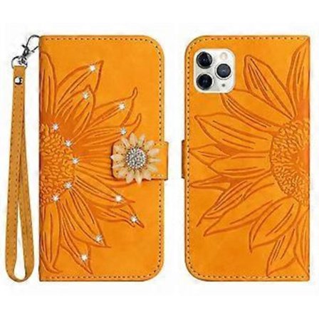 Kompatibel med iPhone 11 Pro Max preget solsikke med diamanter magnetisk kortholder lommebok telefondeksel med kort stropp - Gul