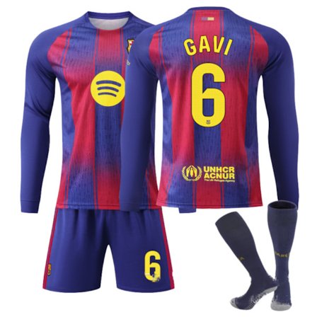 25-26 Barcelona Hjemme Langærmet NO.6 Gavi Trøjesæt - Børnefodboldssæt, Fodbolddragt til mænd