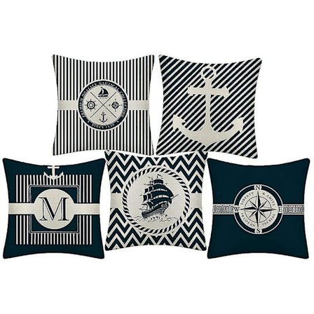 Farverige Ocean Serie Sejlbåd Anker Design Puderbetræk Hør Bomuld Kast Betræk Blød Seng Pudebetræk Til Sofa 45 X 45 Cm, 5 Styk