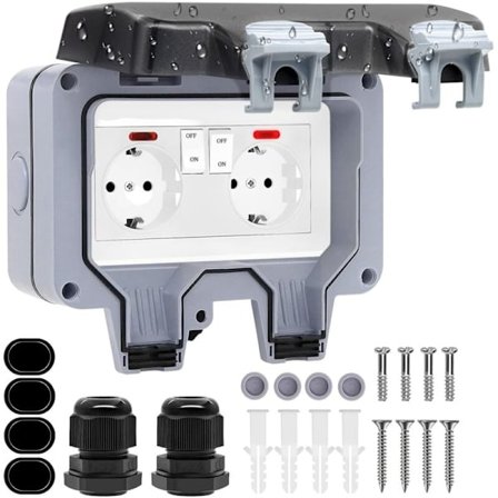 Vattentätt Utomhusuttag 16A IP66 - Dubbelt Eluttag med Skyddslucka - Grenuttag - Vind med Strömbrytare