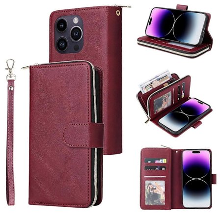 iPhone 15 Pro Max -puhelimen jalustakotelo, vetoketjutasku, TPU+PU-nahkaiset korttipaikat, lompakko