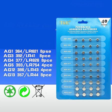 Nye 40 X Assorterede Knapcelle Batteri Ur Batteri Ag 1 / 3 / 4 / 5 / 12 / 13