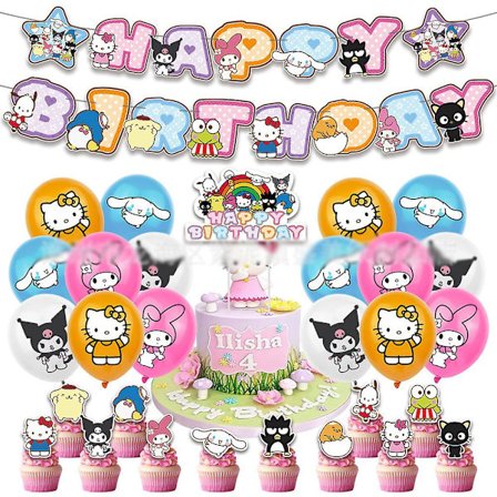 Kawaii Kitty Ballon Sæt Fødselsdagsfest Dekorationer Tilbehør Fødselsdag Banner Kage Toppers Balloner Kit