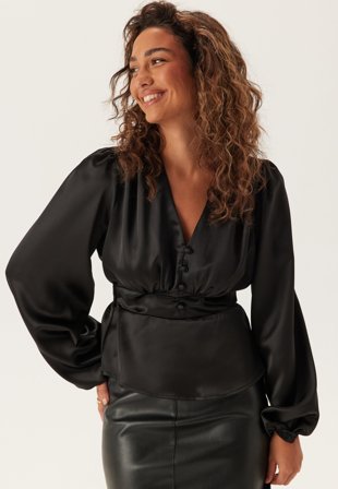 BUBBLEROOM - Satin V-neck Blouse - Black