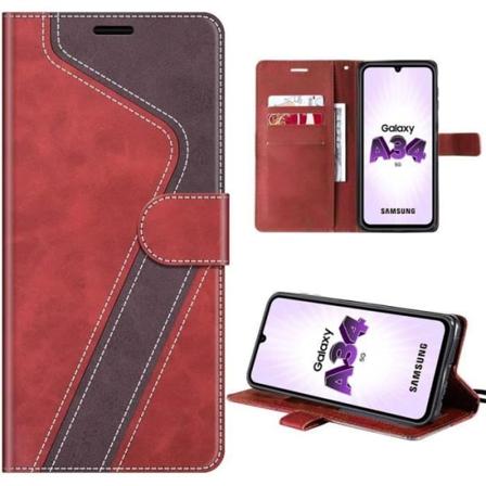 Etui til Samsung Galaxy A34 5G, tofarvet mønstret beskyttelse i rødt imiteret læder med kortpladser og indbygget støtteben