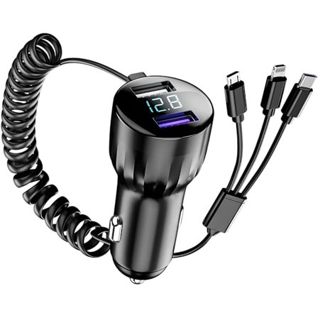 2025 New Digital Car Charger, 1-to-3 USB Ports with Cable, 100W Super Fast Charging, Compatible with Android, iPhone, Type-C Devices (B)-FD17-
