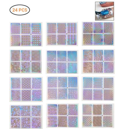 24 ark DIY Nails Stamping Mall Nagelklistermärken Oregelbundet rutnät Stencil Återanvändbar nail art Vinyler ihåliga klistermärken