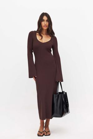 NA-KD Fine Knitted Trumpet Sleeve Midi Dress - Höstklänningar - Brun - XL (EU 46)