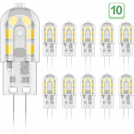 Pakke med 10 G4 2W LED-pærer - 20W Halogen Ekvivalent, Varmt Hvit 3000K, 200lm, 12V AC/DC Energiklasse A+