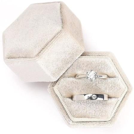 Sammetssmyckesringask, hexagon Premium Gorgeous Vintage Double Ring Presentask med avtagbart lock för förslagsförlovningsbröllopsceremoni (beige)