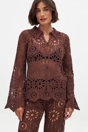 NA-KD Knitted Crochet Long Sleeve Top - Sommersæt - Brun - M