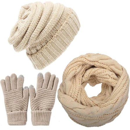 Dame Vinter Strikket Lue Sjal og Hansker Sett Varmende Strikket Lue