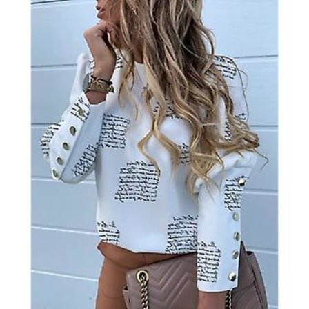 Afslappede langærmede skjorter til kvinder med metalknapdesign og rund hals (M-bogstavtryk)