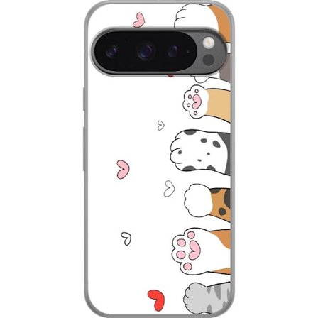 Kompatibelt Gjennomsiktig deksel til Google Pixel 9 Pro XL Søte kattepoter med hjerter på hvit bakgrunn minimalistisk kawaii motiv perfekt for dyree