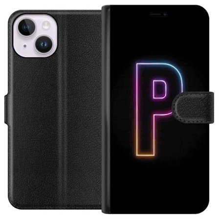 Kompatibel Tegnebogsetui til Apple Apple iPhone 14 Minimalistisk neonbogstav P i farvegradient og lyseffekt mod sort baggrund i digital neonstil