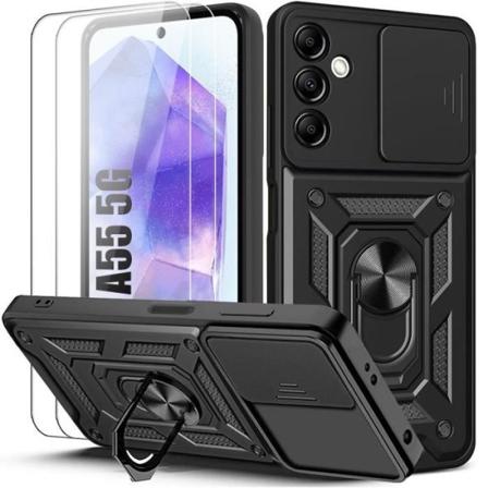 Etui til Samsung Galaxy A55 5G. Stødsikkert pc-cover med 360° drejelig ringholder, sort + 2 hærdede briller Svart