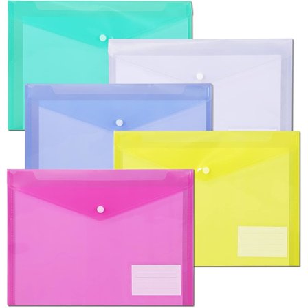 Mappe med trykknap, A4-størrelse, med etiketlomme, 5 farver, pakke med 12