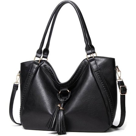 Damehåndtaske, shopper taske med frynser, trendy skuldertaske i PU-læder, håndtaske til arbejde, hverdag og fester Sort