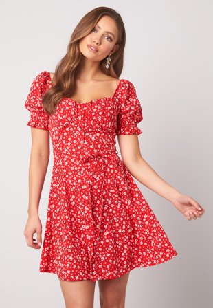BUBBLEROOM Violie puff sleeve dress Red / White / Floral Klær