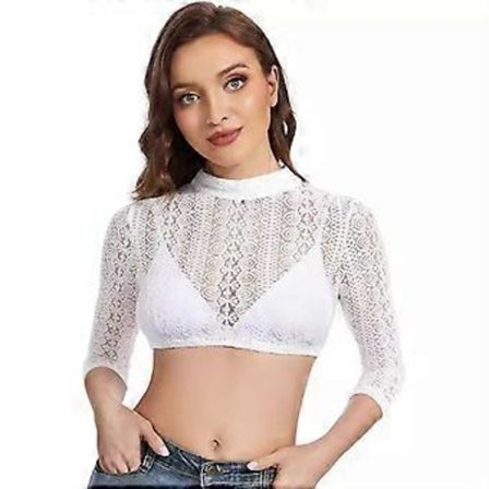 Elegant 3/4-ærmet blonde Dirndl-bluse til kvinder Mock Neck Crop Top skjorte til bayersk Oktoberfest og traditionel begivenhed 34 Hvid(34 )