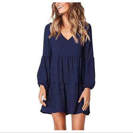 Dam V-ringad Casual Lösa Klänningar Blue Xl
