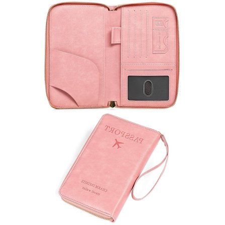 Lyse Pink Pas Holder, Læder RFID Blokerende Rejse Tegnebog til Kvinder & Mænd med Kreditkort Slots & Boarding Pass Lomme, Elega