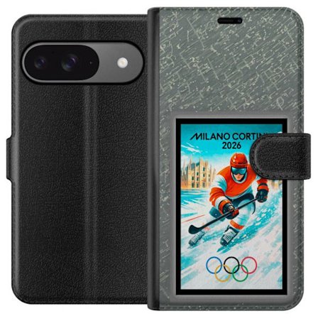 Yhteensopiva Lompakkokotelo Google Pixel 9 Curlingkuvitus pelaajilla ja kivillä jäällä, Milano Cortina 2026, lumisia roiskeita ja olympiasormukset