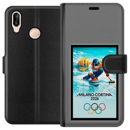 Kompatibelt Lommeboketui til Huawei P20 lite Ishockeyillustrasjon med spillere i bevegelse på isen, Milano Cortina 2026, Milan-landemerker og olympisk