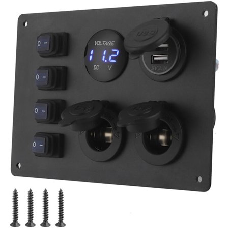Panel med 4-vejs vandtæt kontakt med dobbelt USB-port og spændingsdisplay, 12 V-udtag til bil, båd, autocamper